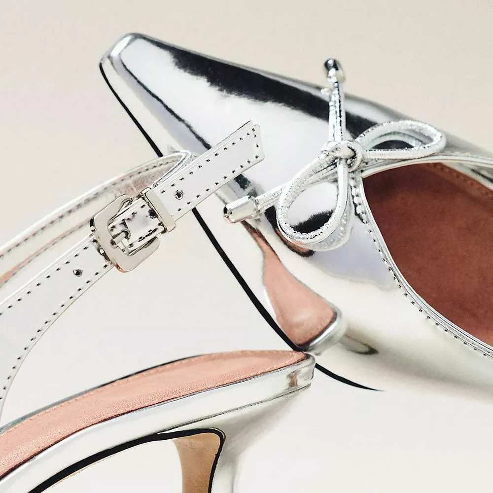 Metallic Pointed Toe Bow Buckle Silver Women's Heels with Slingback