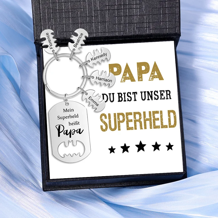 Kettenmachen Personalisierbare 5 Namen Unser Superheld heißt Papa Batman Schlüsselanhänger-Geschenk mit Nachrichtenkarte
