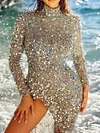 High-Neck Sequined Long Sleeve Split-Side Evening Maxi Dress