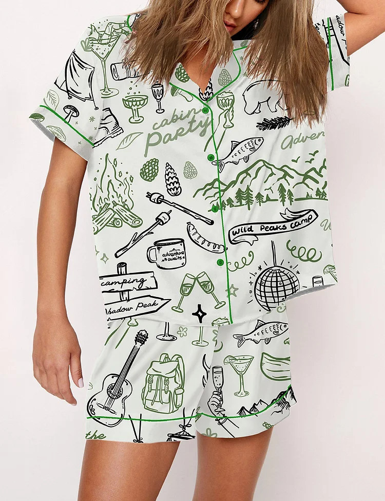 Women&rsquo;s Outdoor Whimsical Style Hand Drawn Cabin Party Camping Wilderness Print Short Sleeve Satin Pajama Set