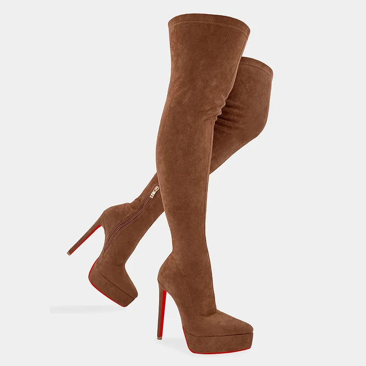 140mm Women's Sky High Heels Pointy Platform Winter Knee Boots Suede VOCOSI VOCOSI