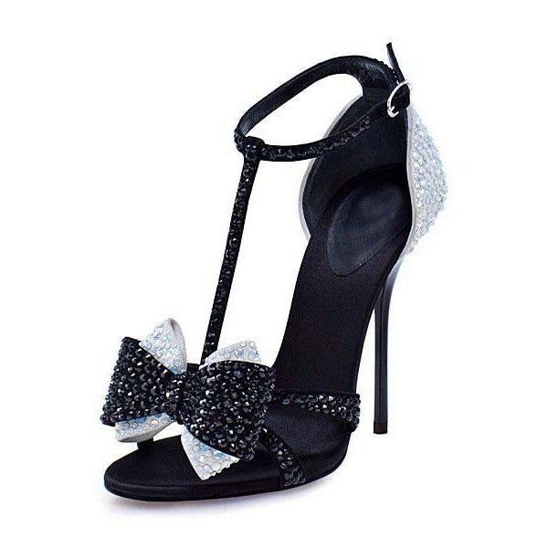 TAAFO Diamond Bowknot Stiletto Heel Peep-toe Ankle Strap High Heel Sandals