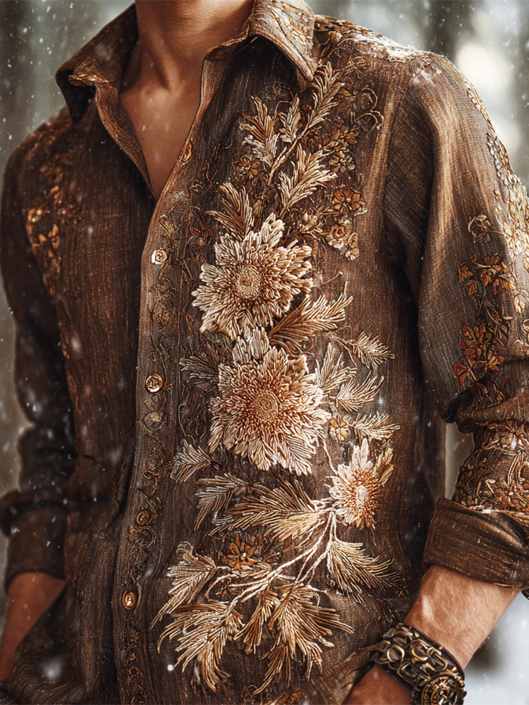 Japanese Chrysanthemum Embroidery Men's Linen Long Sleeve Shirt  artssus