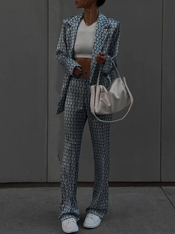 Printed Long Sleeves Lapel Outwear Top + Flared Trousers Bottom Two Pieces Set