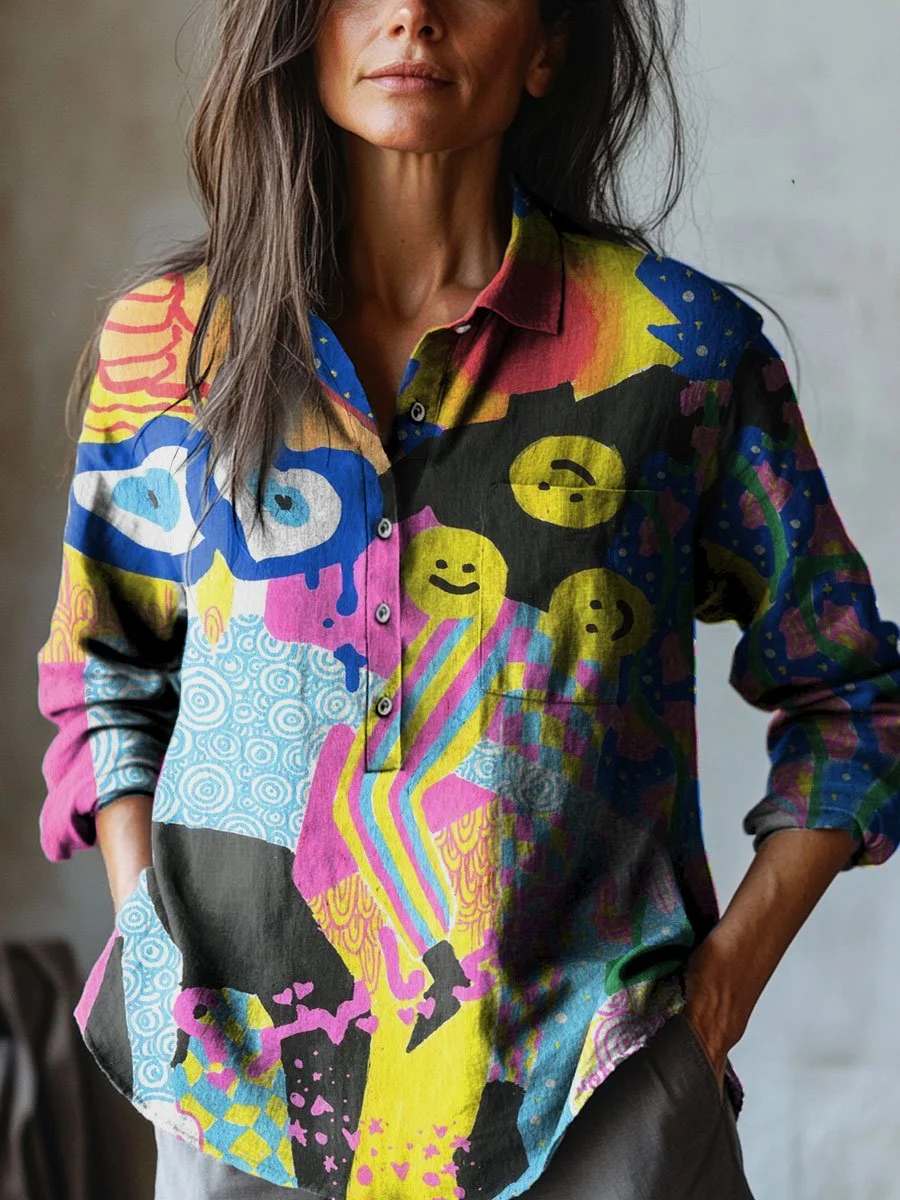Women's Abstract Colorful Smiley Face Art Print Casual Cotton And Linen Shirt