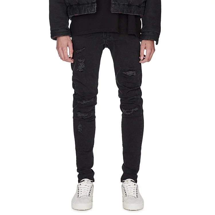 Ripped Patch Jeans Slim Fit Black Stretch Men's Jeans at Hiphopee