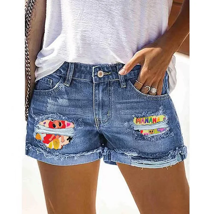 Printed Cuffed Ripped Denim Shorts