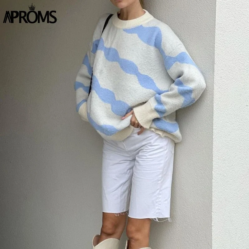 Aproms Elegant Blue and White Patterned Knitted Pullovers Women Winter 2021 Loose Sweaters Fashion Jumpers Autumn Pull Top