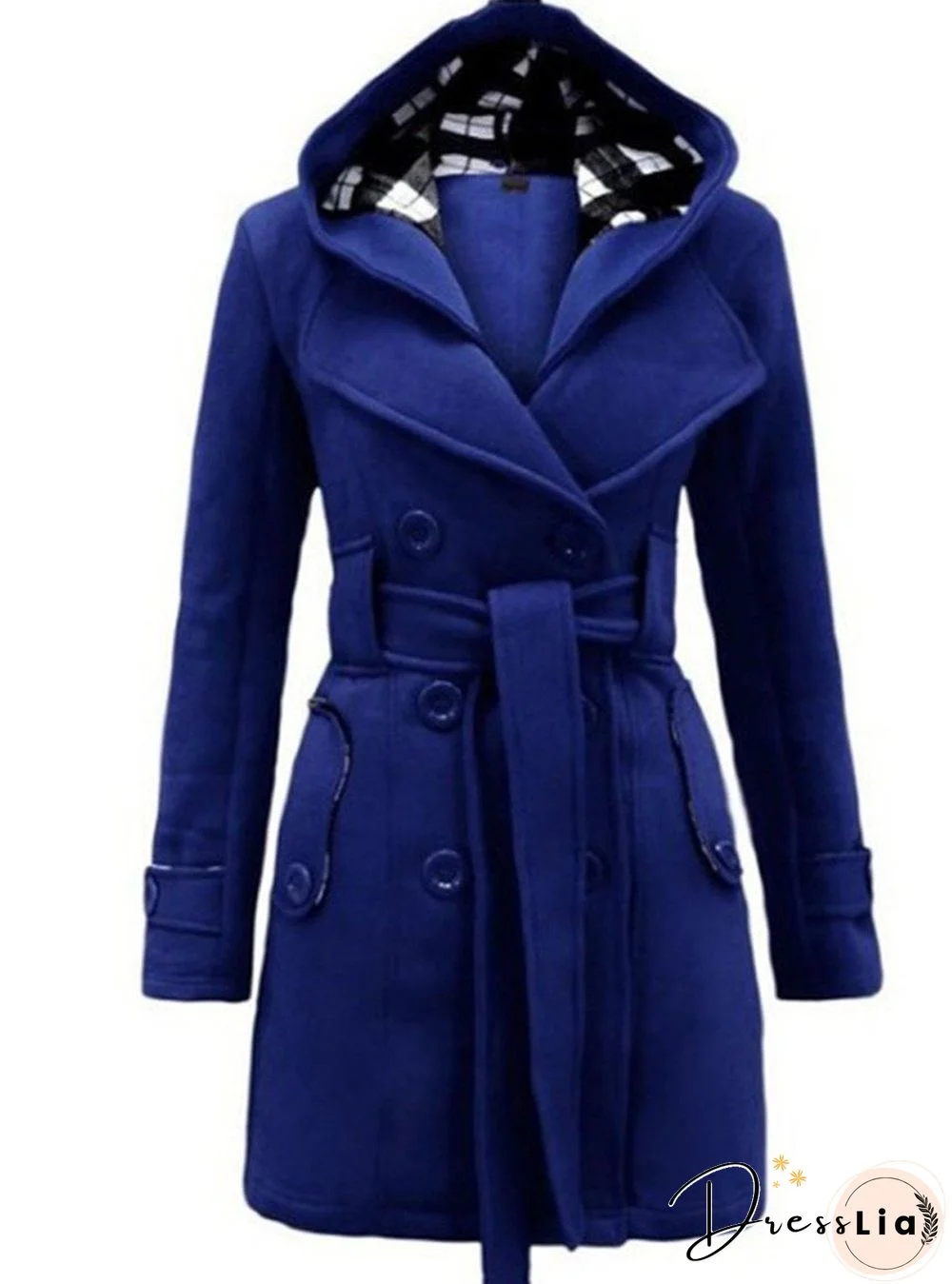 Checked Hooded Woolen Coat With Long Belt