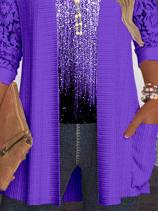 Women Long Sleeve Scoop Neck Polka Dot Printed Printed Graphic Pockets Lace Two-Pieced Tops