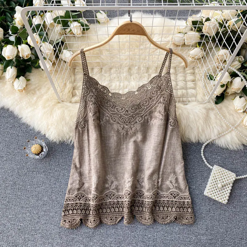 Croysier Tops Women 2021 Boho Clothing Vintage Embroidery Lace Trim Cami Top V Neck Sleeveless Spaghetti Strap Summer Camisole