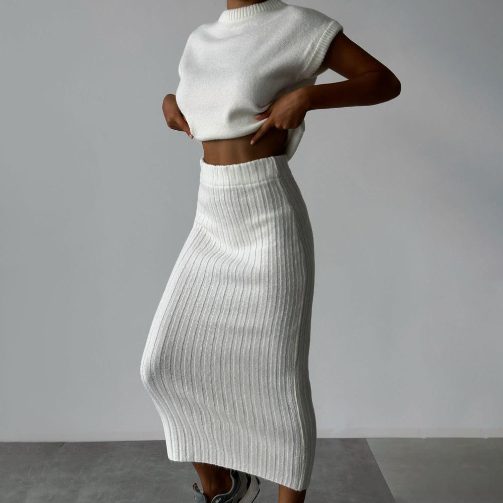 Ootddress Knit Sweater 2 Piece-Set Women Loose Ribbed Sleeveless Pullover And High Waist Long Skirt Outfits Knitwear Women's Sets