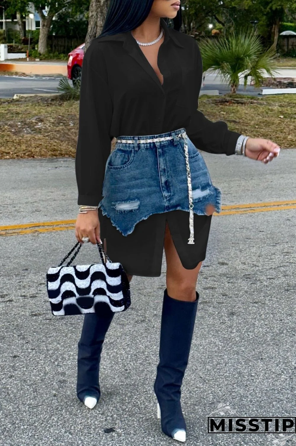 Black Casual Solid Ripped Turndown Collar Long Sleeve Two Pieces