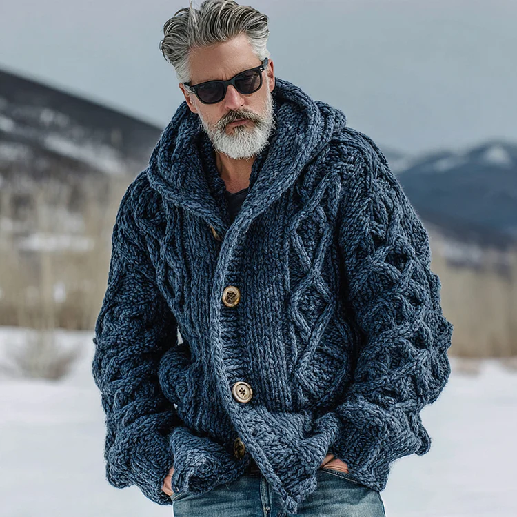 Men's Casual Fairman Island Chunky Knit Buttons Hooded Sweater Cardigan