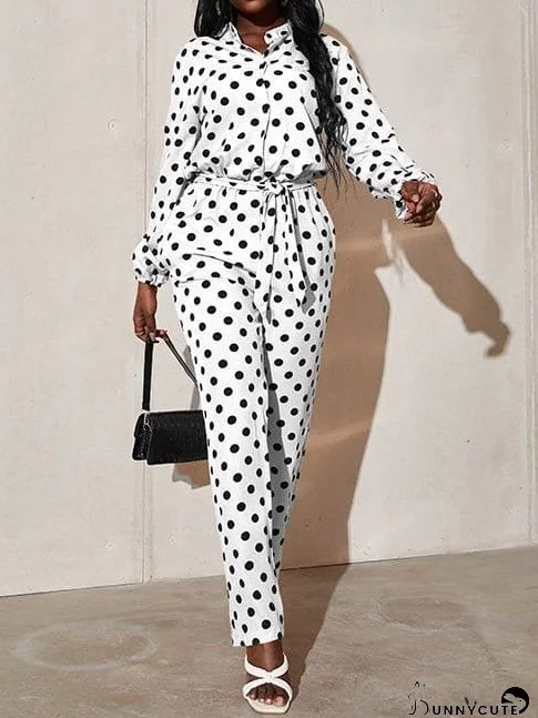 Jumpsuits Polka Dot Print Tie Long Sleeve Jumpsuit for Women