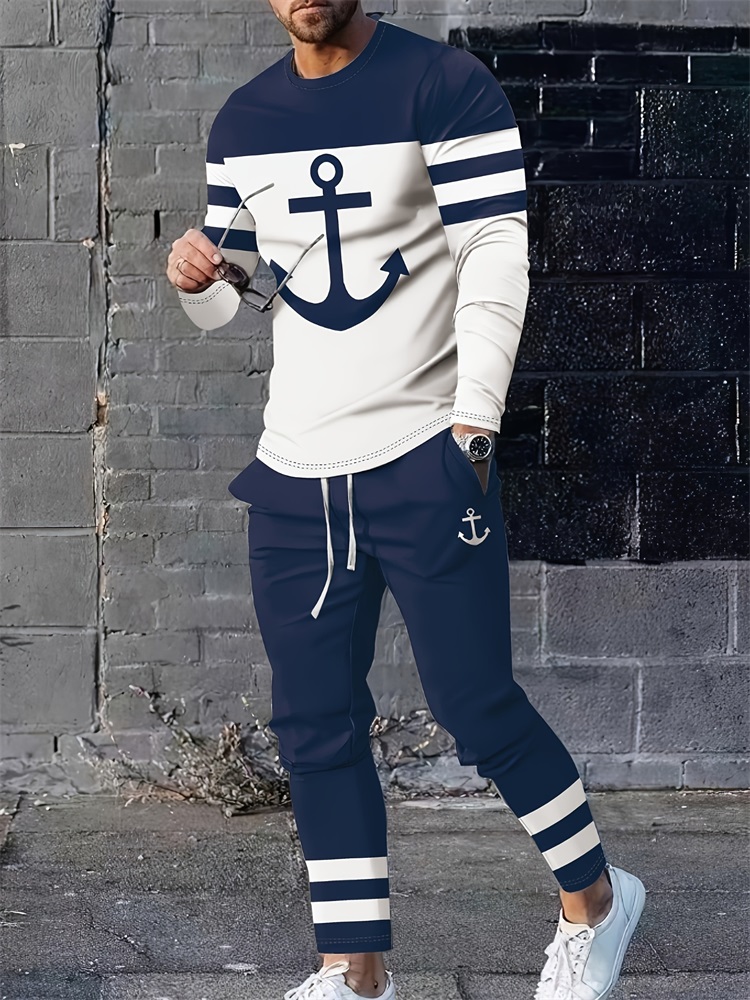 Geswet 2025 New Spring And Autumn Men's Long Sleeve T-shirt And Long Pants Set Daily Street Men's Fashion Long Sleeve T-shirt