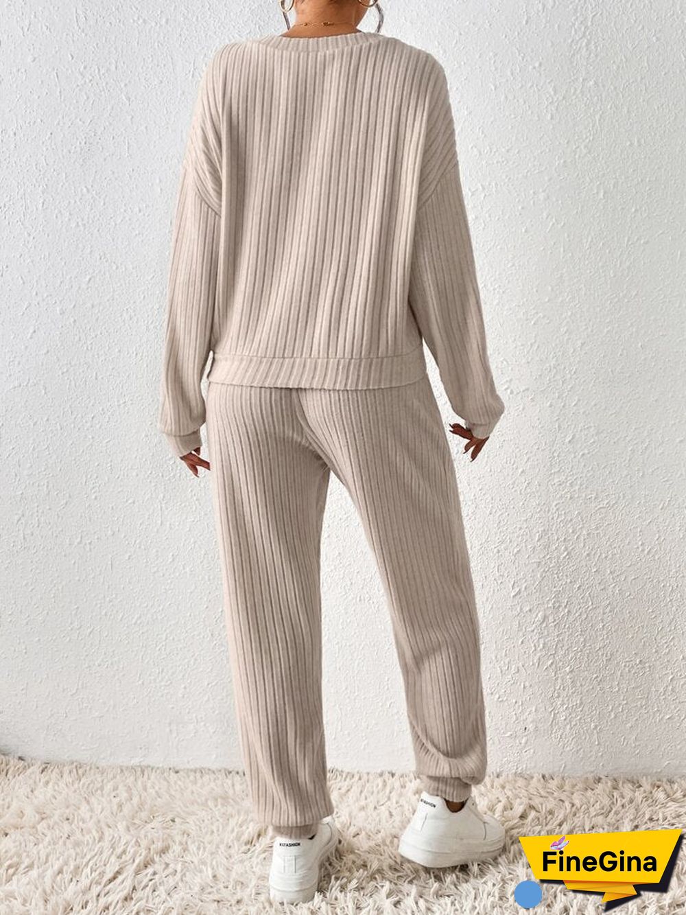 Khaki V-Neck Plain Two Piece Set