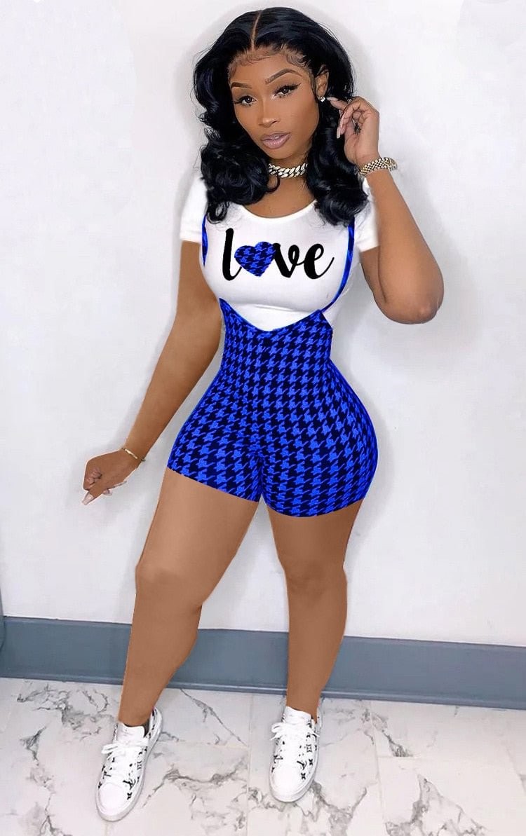 CM.YAYA Women Set Print Short Sleeve Tops Sheath Elastic Short Bodycon Overalls 2 Piece Set Summer Tracksuit Casual Outfit 2021