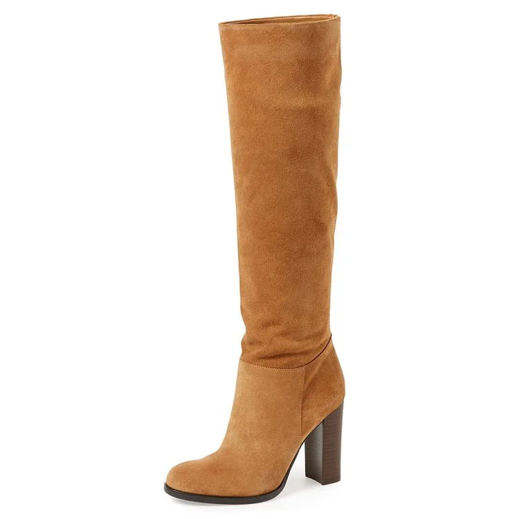 Tan Boots Suede Chunky Heel Vintage Boots |FSJ Shoes