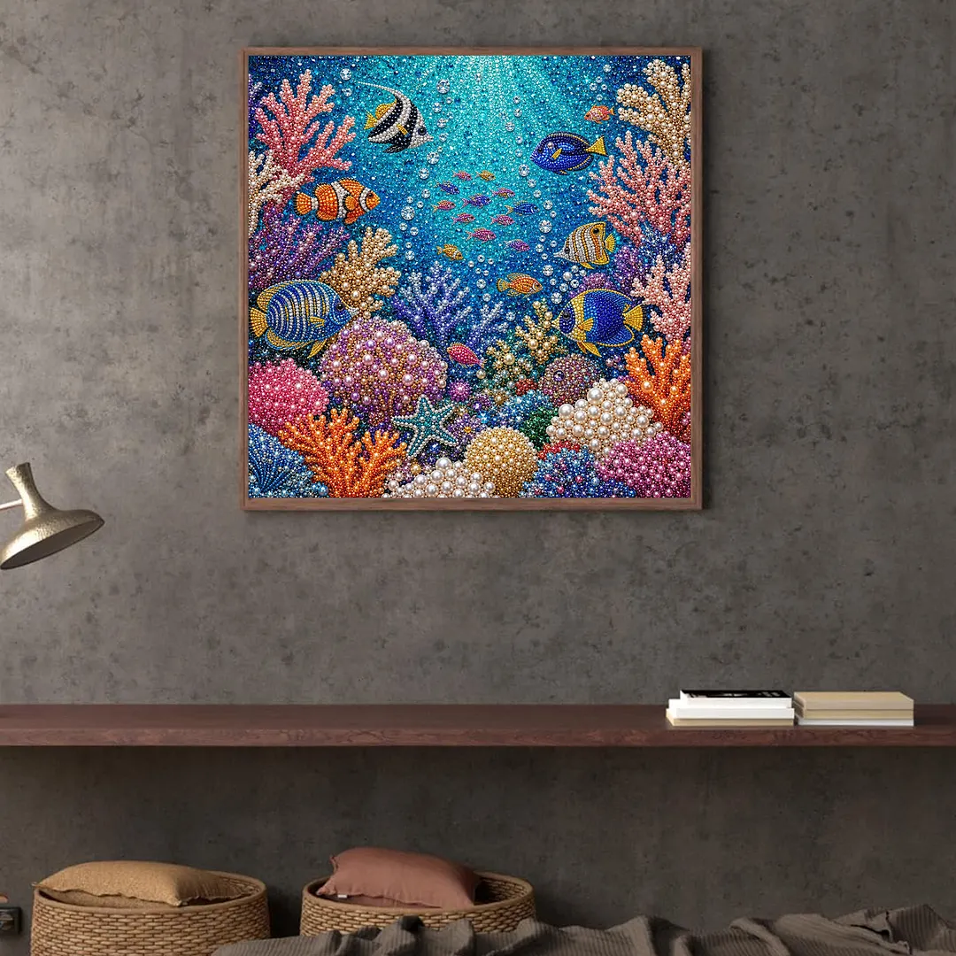 Underwater World Pearl Full DIY 5D Round Drill Gem Art Diamond Painting Kits 15.75x15.75 in Diamond Dots Paintings Picture Arts Craft Diamond Art Kits for Adults Beginner Home Wall Decor