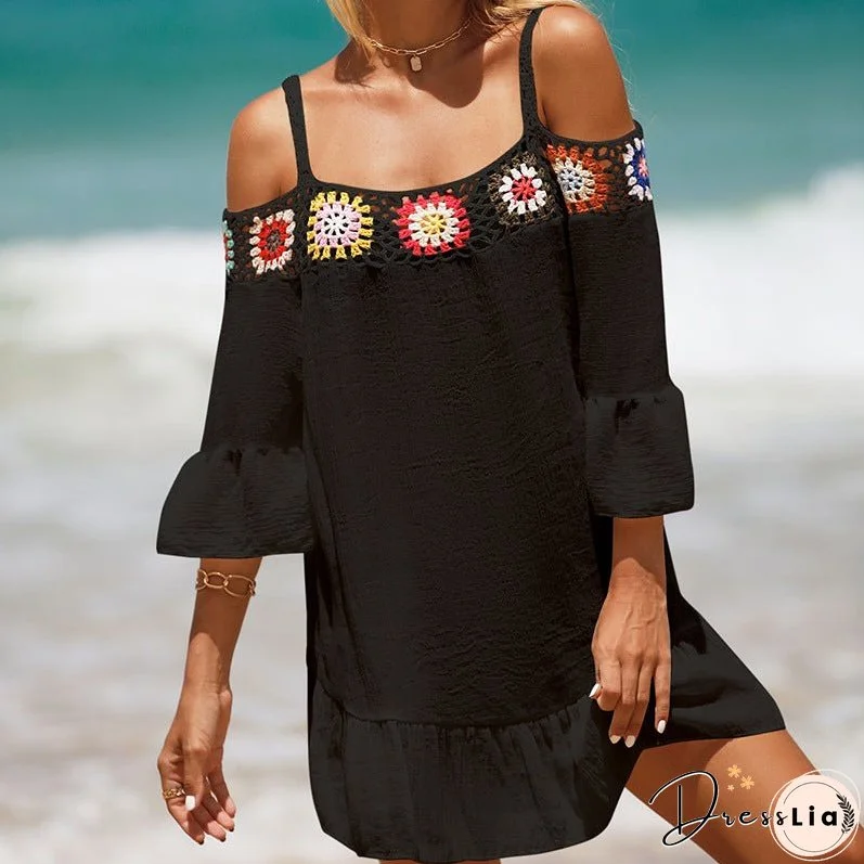 Holiday Suspenders Sun-protective Clothing Crocheted Lace Shoulder Dress Casual Short Solid Color Sunscreen Beach Skirt