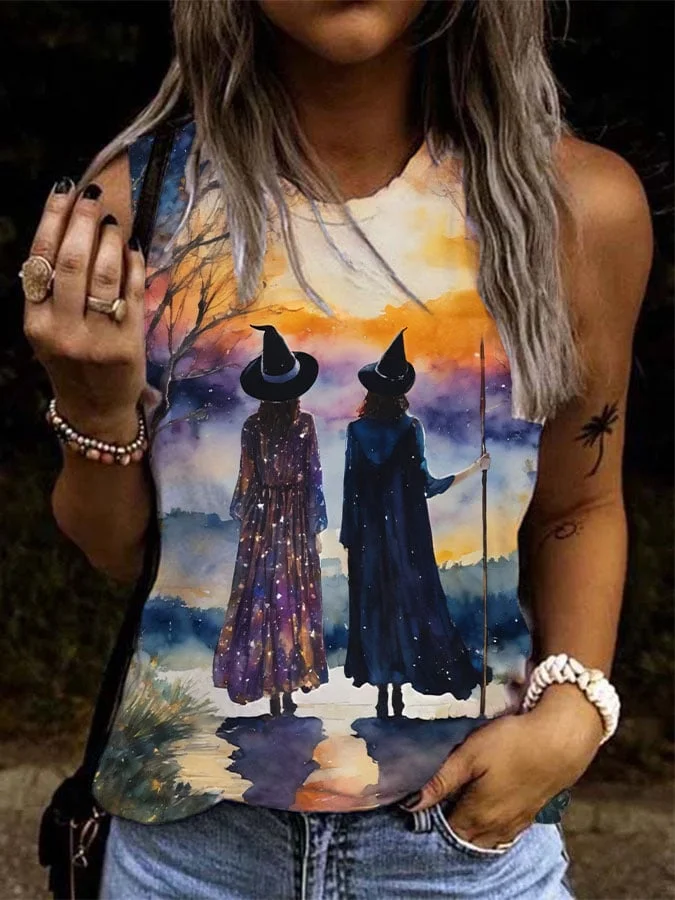 Women's Witches Watching Moonrise Print V Neck Top