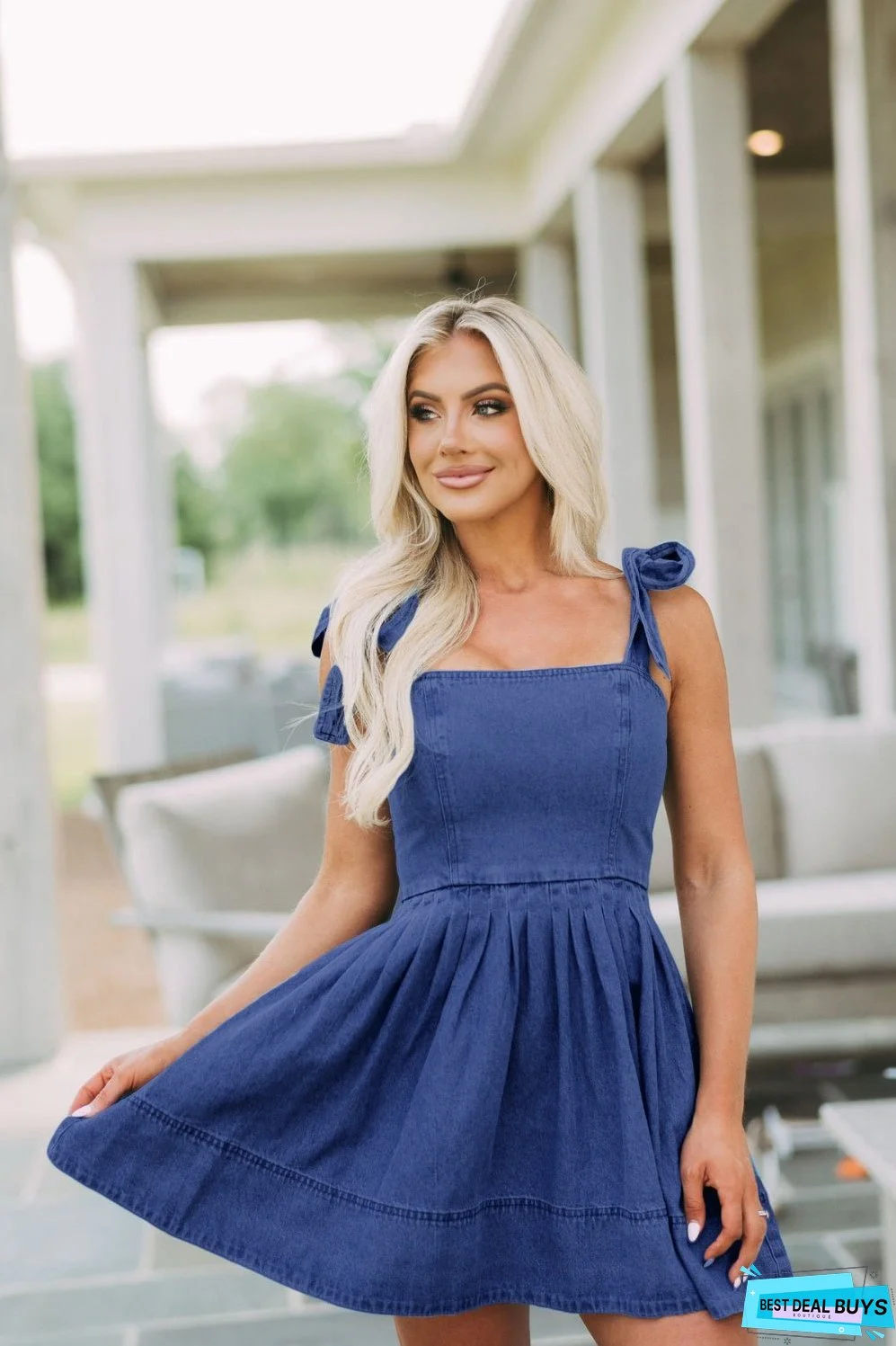 Square Neck Tie Shoulder Denim Dress