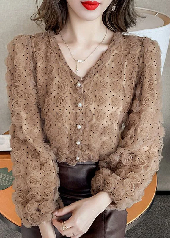 Chic Coffee Stereoscopic Floral Tulle Blouses Spring