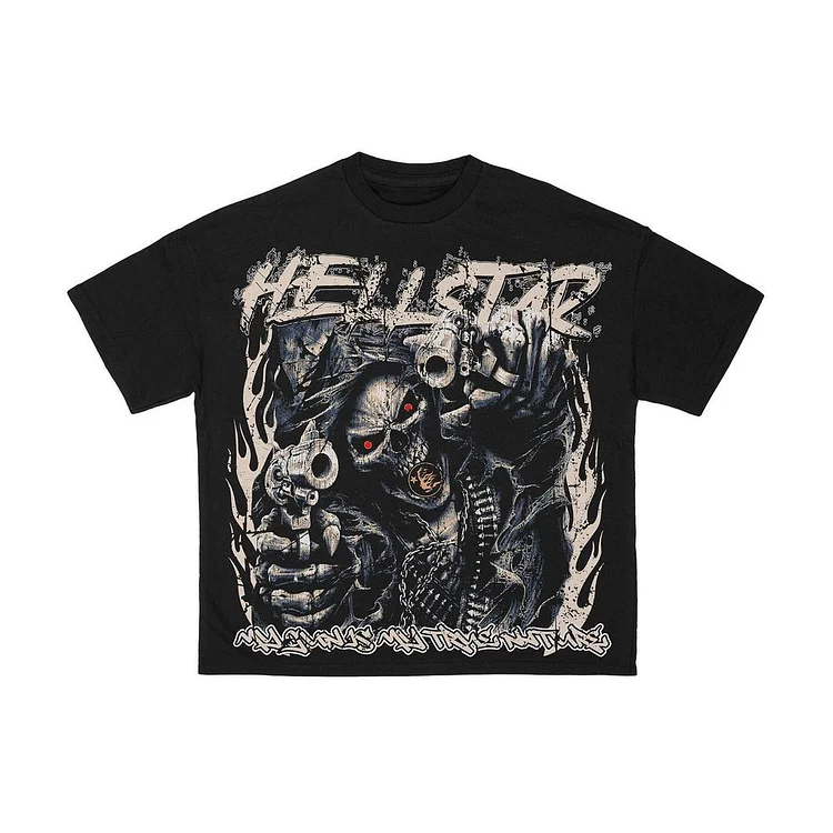 Retro Hellstar Skull Double Gun Death Graphic 100% Cotton Short Sleeve T-Shirt