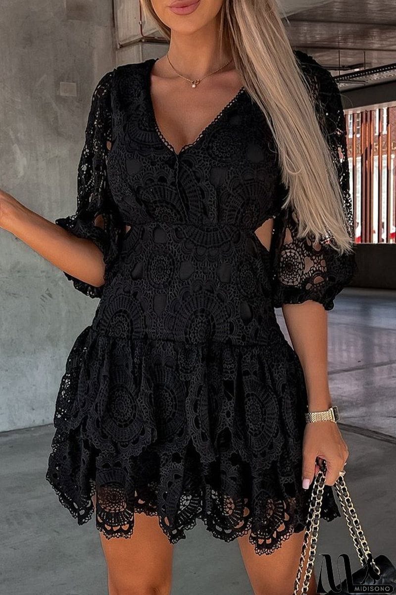 MidiSono - Elegant Solid Hollowed Out V Neck Waist Skirt Dresses