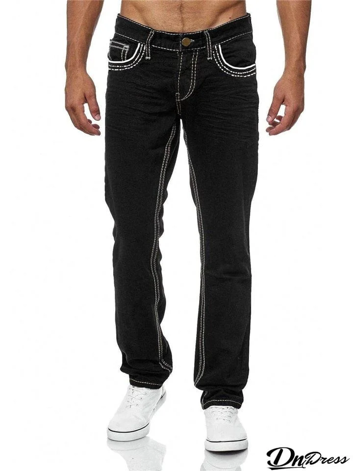 Men Slim Fit Solid Color Denim Pants