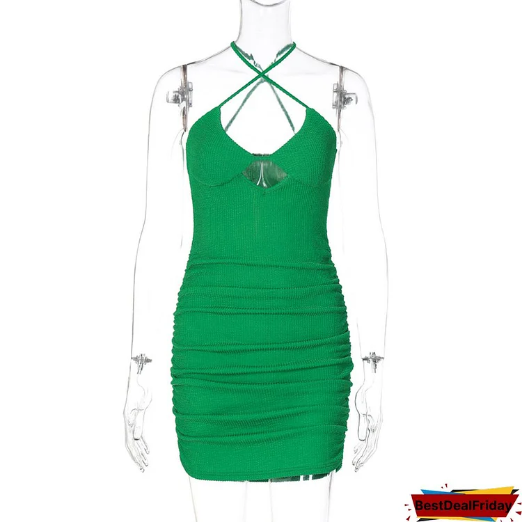 Fashion Cutout V-Neck Slim Fit Crinkle Slip Dress Women Sexy Solid Color High Waist Backless Y2k Dress Vestidos
