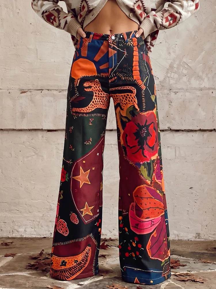 Buttoned Pockets Printed High Waisted Plus Size Trousers Pants