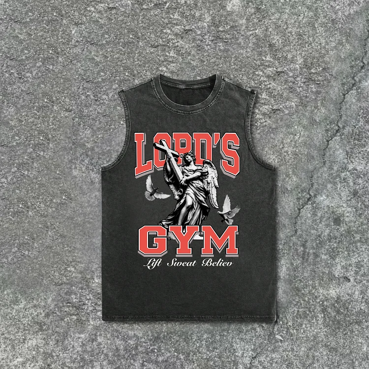 Jesus, God, Gospel, Sports, Letters - Lord's Gym - Printed Pattern Acid Washed Tank Top