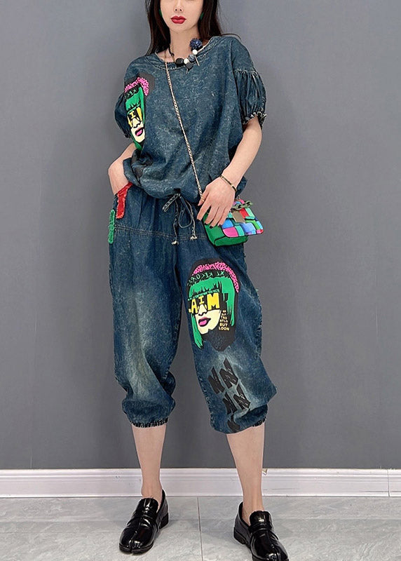 Handcrafted Blue O-Neck Wrinkled Appliques Denim Tops and Pants-Two Piece Set Women