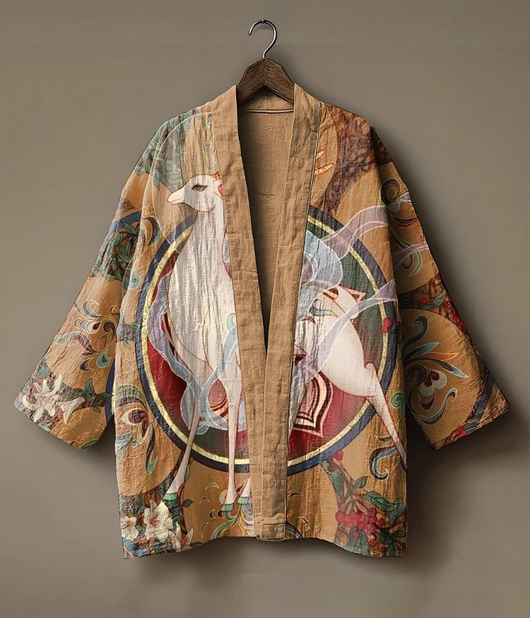 Abstract print embroidered linen cardigan kimono