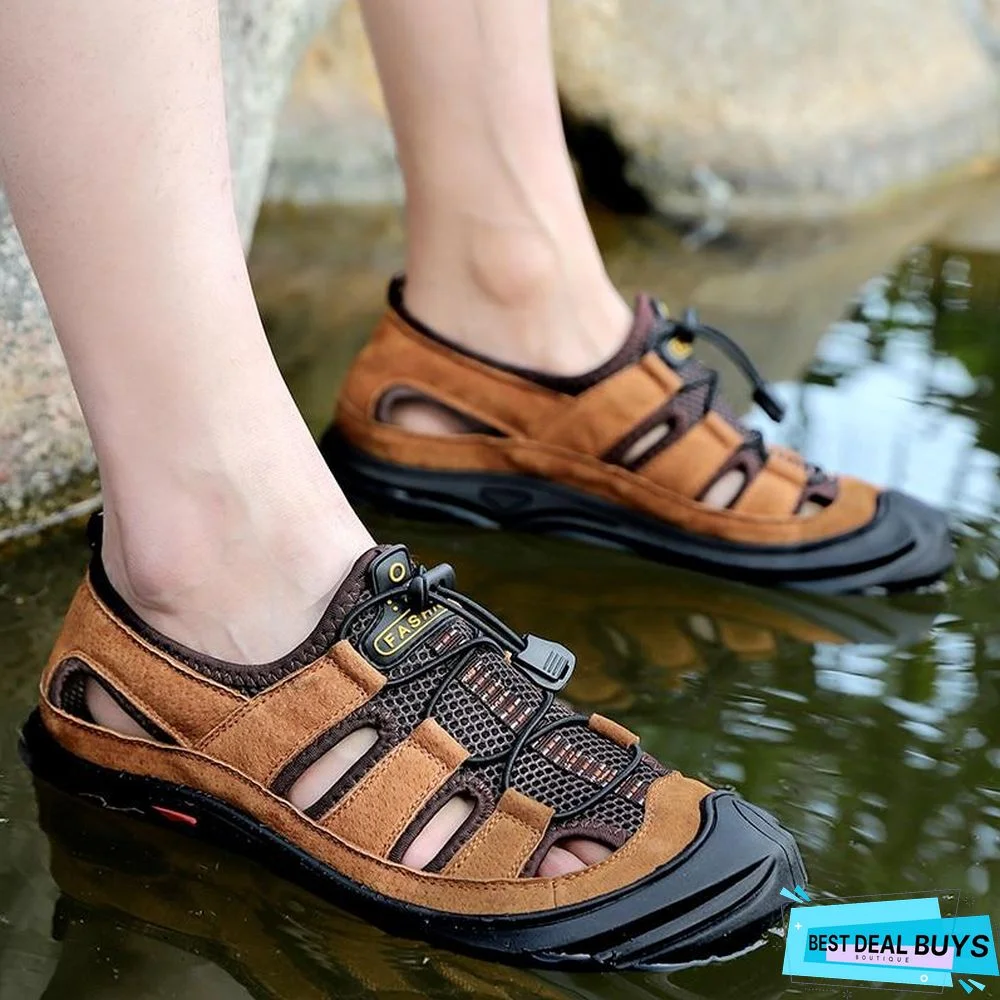 Men Leather Mesh Outdoor Sandals Summer Breathable Beach Shoes