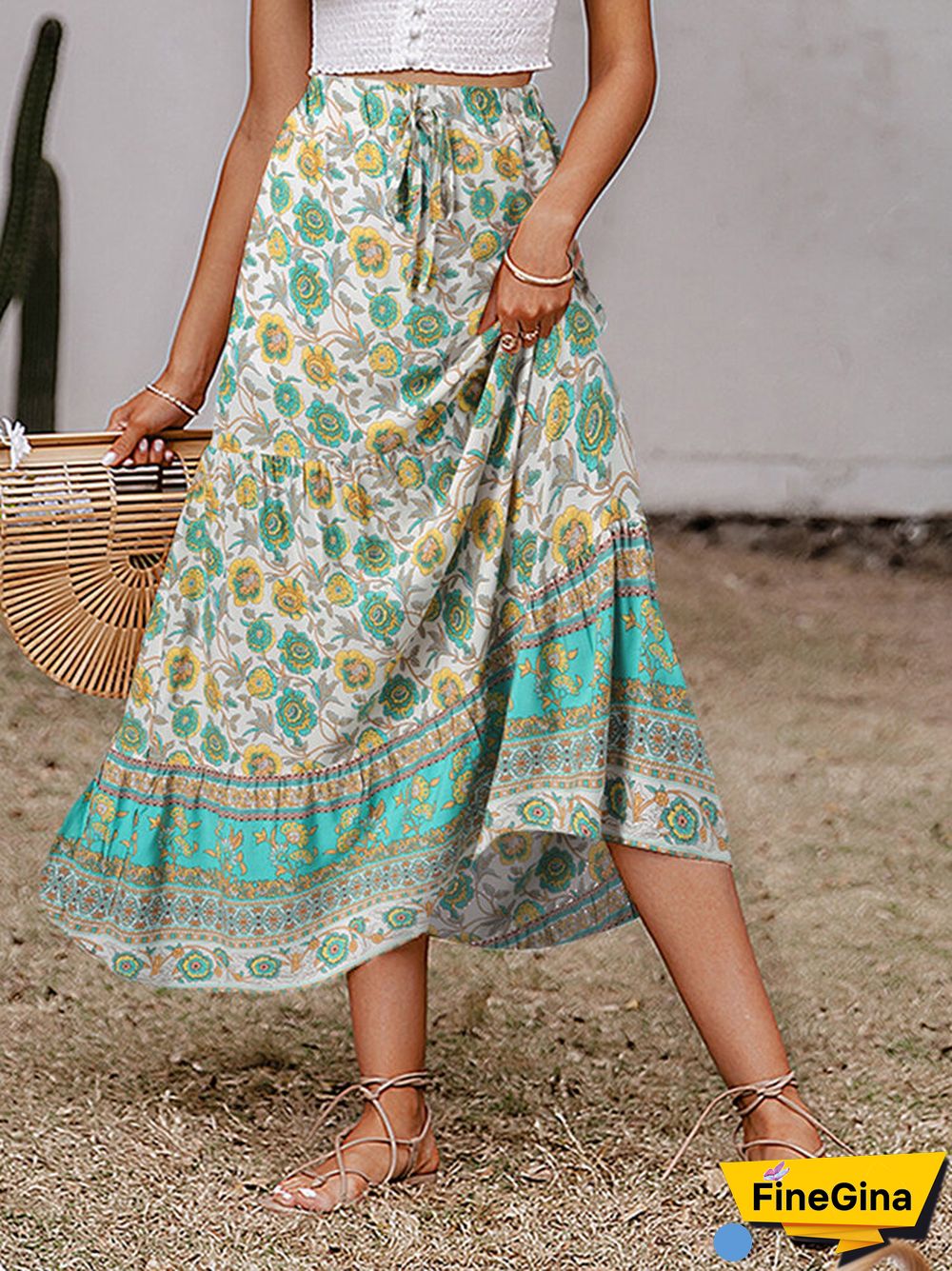 Ethnic Print Elastic Waist Patchwork Bohemia Maxi Skirt