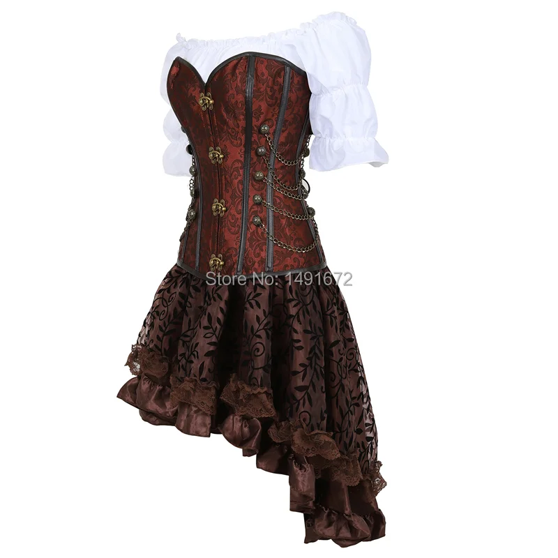 Billionm corset skirt 3 piece leather dress bustiers corset steampunk pirate lingerie corsetto irregular burlesque plus size black brown