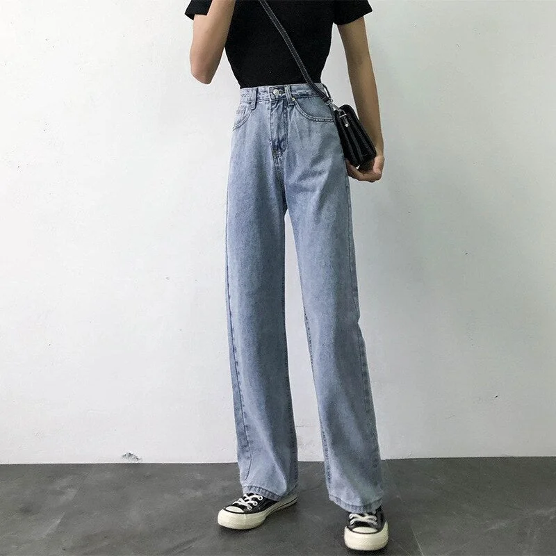 Jeans Women Wide Leg High Waist Top Shop Trousers Slim Denim Button Streetwear Womens Full Length Novelty Korean Fashion Casual