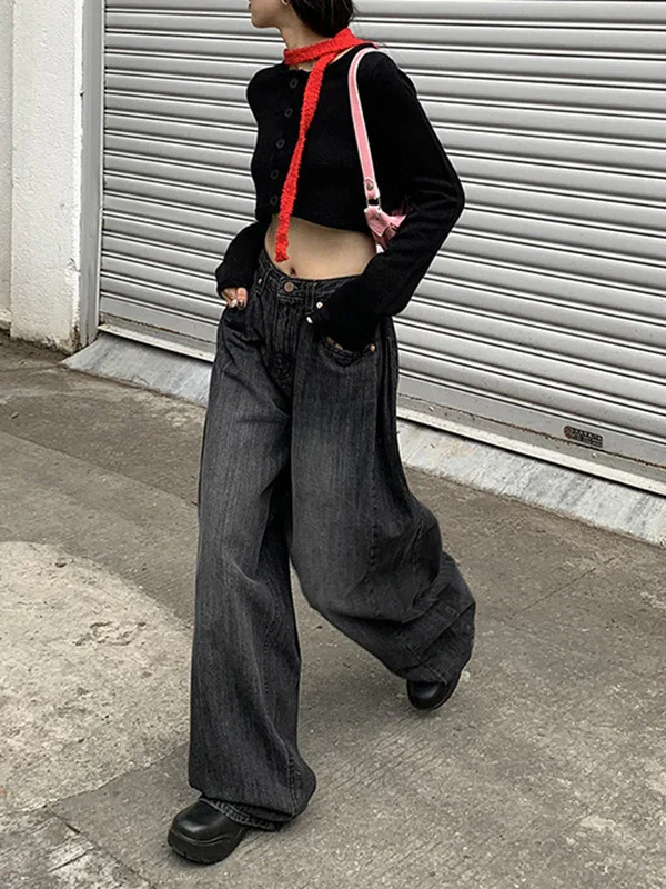High Waisted Loose Pleated Split-Joint Jean Pants Bottoms