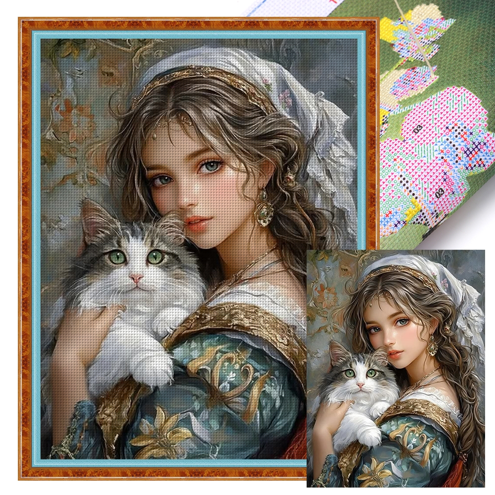 Cat Girl Full 14CT Pre-stamped Canvas(45*60cm) Cross Stitch