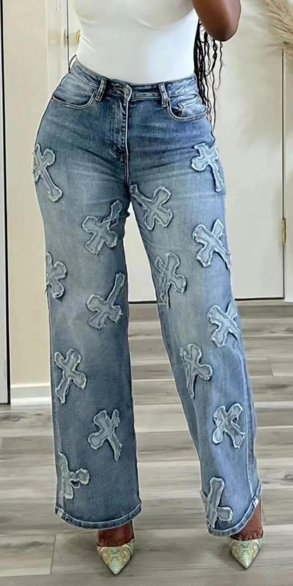 Women's Retro Denim Jeans Tassel Cross Hip Hop Straight 9 Points Pants
