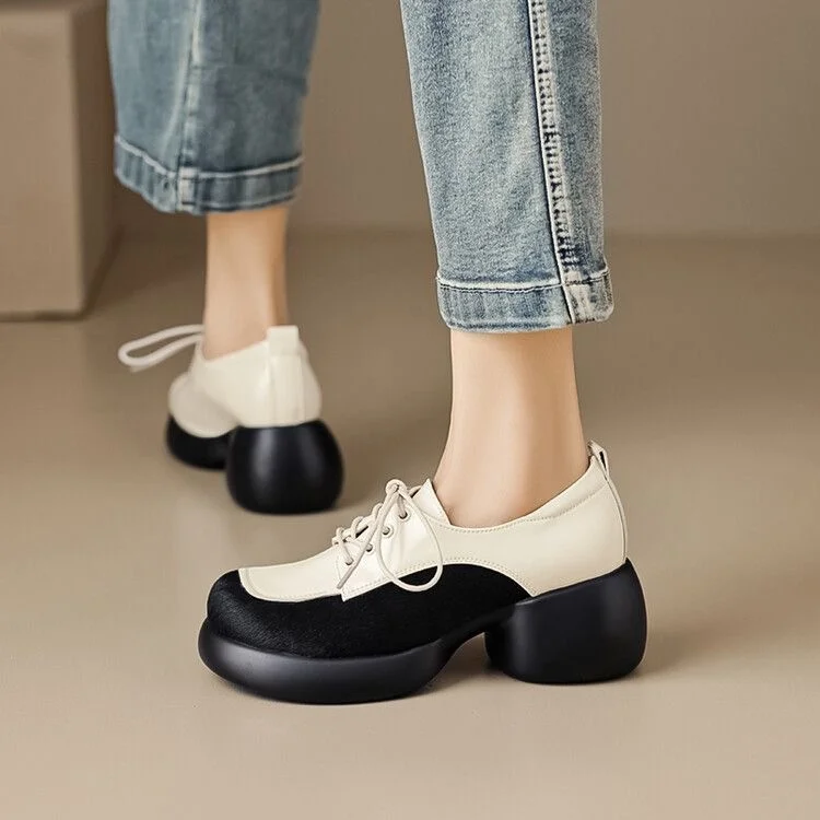 Tanguoant Tanguoant Wind Platform Platform Small Leather Shoes Female Soft Leather Soft Hair 2024 New Spring And Autumn High Heel Thick Heel Tie-Up Single Shoes
