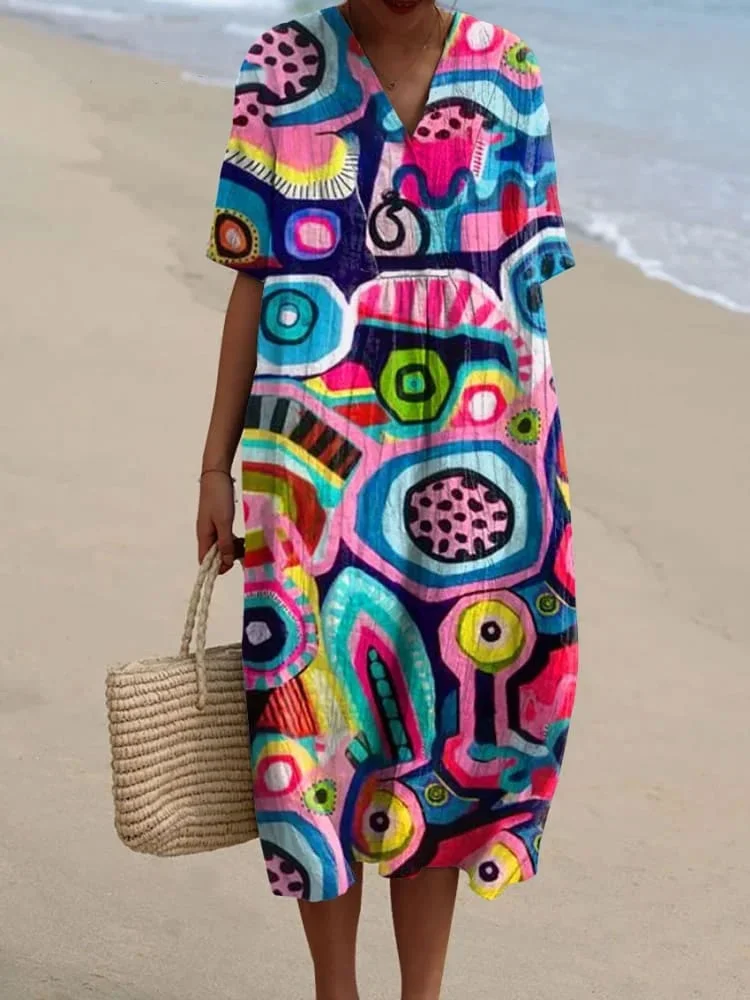 Women's Abstrct Colorful Art Cartoon Pattern Art Print Flowy Dress