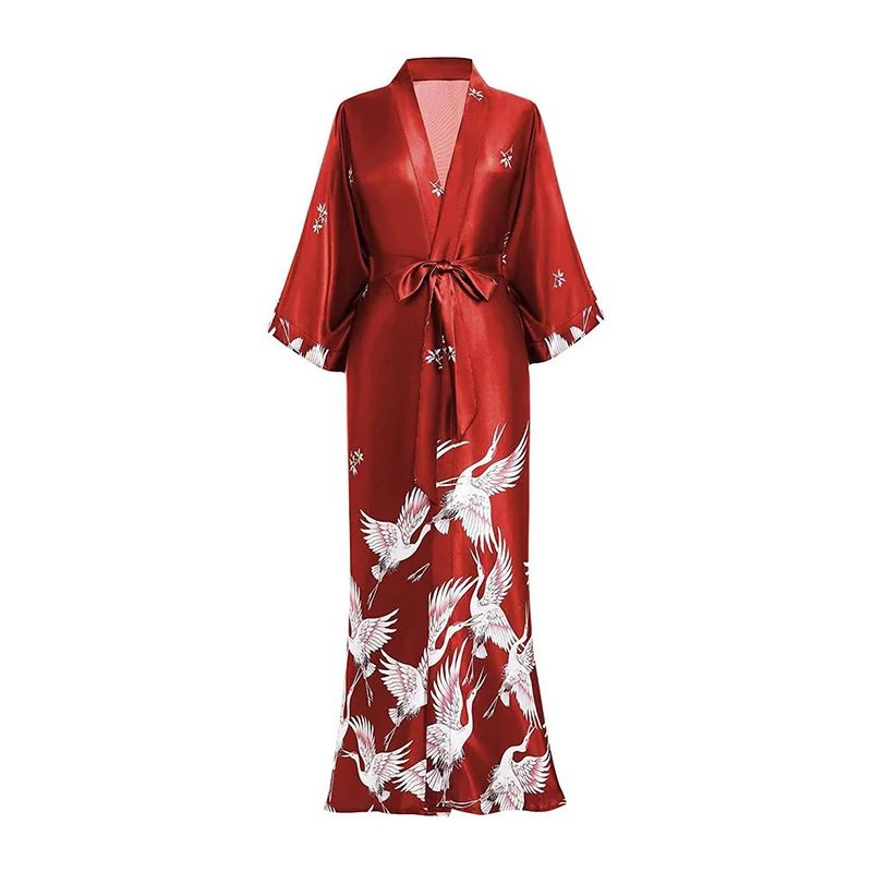 19 Momme Crane Pattern Long Women's Silk Kimono Robe REAL SILK LIFE
