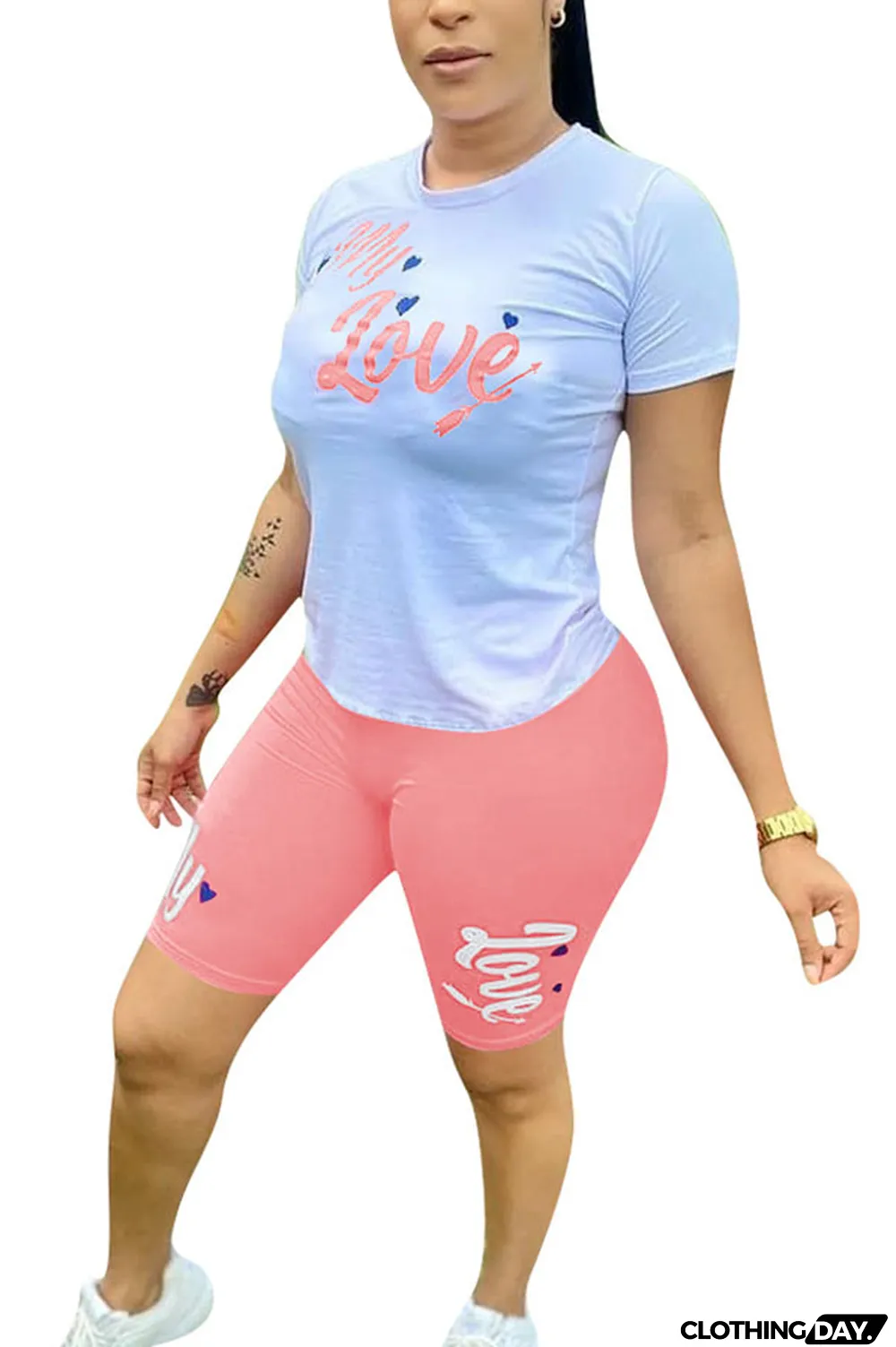 Yellow Fashion Casual Letter Print Two Piece Suits pencil Short Sleeve Two Pieces