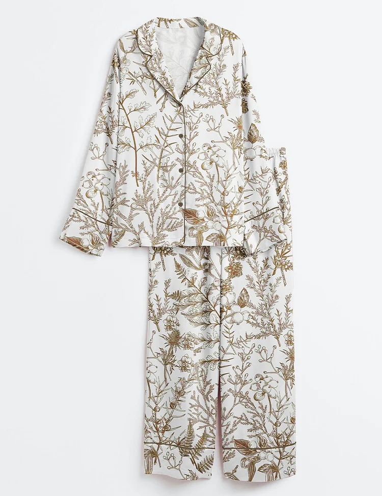 Women&rsquo;s Sage Garden Brown Kapok Floral Plant Long Sleeve Satin Pajama Set