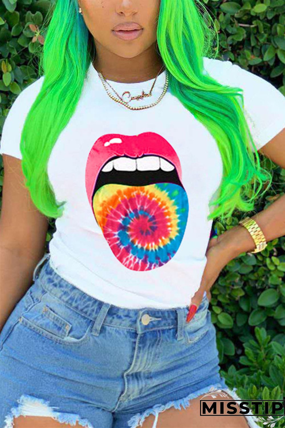 Green Fashion Lips Print Short Sleeve T-shirt