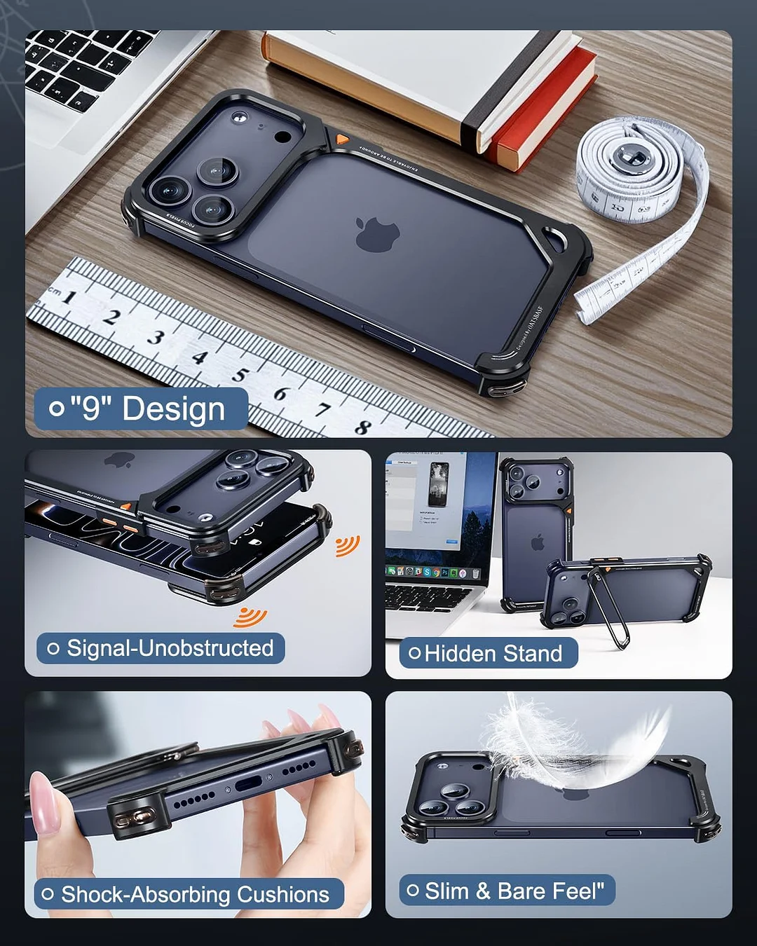 Compatible with iPhone 17 Pro Max metal protective case, aluminum frame, slim backless design, MagSafe compatible, shockproof protection, minimalist frameless phone case, natural titanium